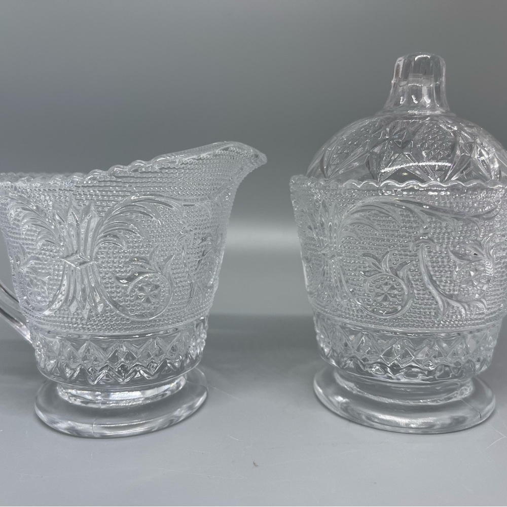Vintage 1930s Duncan Miller Clear Etched Glass Cream And Sugar